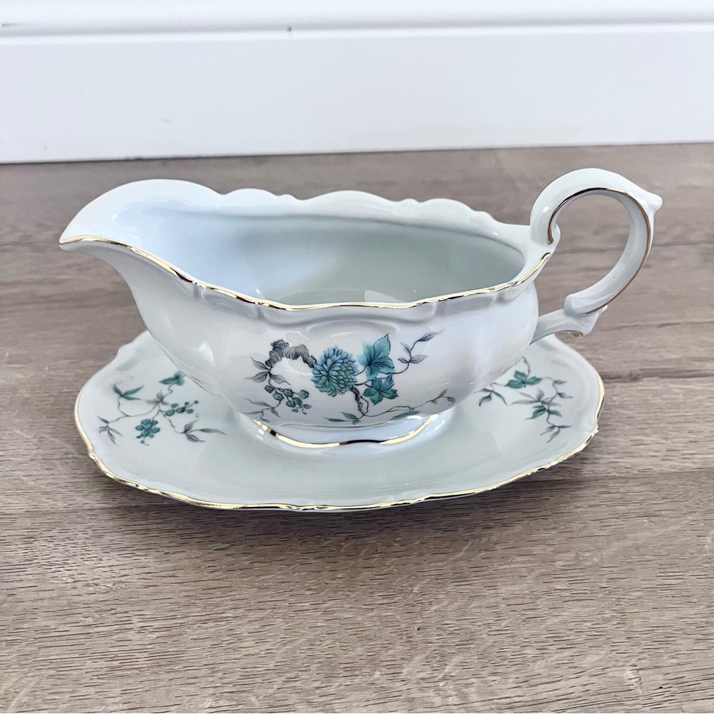 MITTERTEICH Bavaria Germany - Green Ming - Gravy‎ Boat Attached Underplate - Vtg